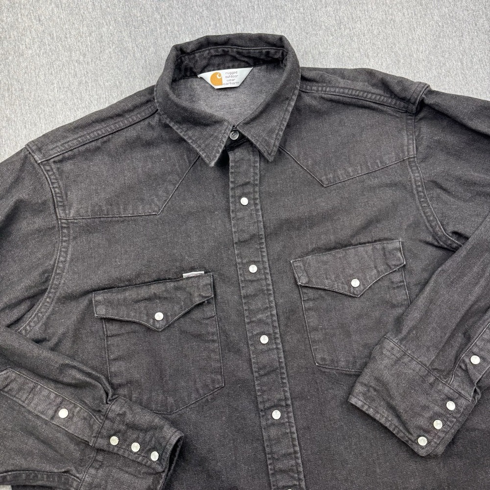 Carhartt Rugged Outdoor Wear Black Denim Western Pearl Snap Shirt Sz XL VTG